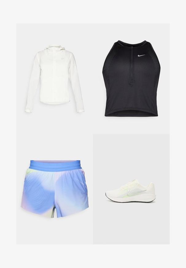 Biała kurtka Nike z kapturem, na zamek błyskawiczny, elastyczne mankiety i subtelne logo na piersi. Gładka tekstura i lekka konstrukcja.; Czarny sportowy crop top z zamkiem z przodu, z siateczkowymi akcentami i dopasowanym krojem. Wykonany z elastycznego, oddychającego materiału. Logo Nike z przodu.; Lekkie szorty sportowe w gradientzie niebieskich i pastelowych kolorów. Posiadają elastyczny pas oraz jakieś teksturowane detale.; Nike Performance DOWNSHIFTER 13 biały