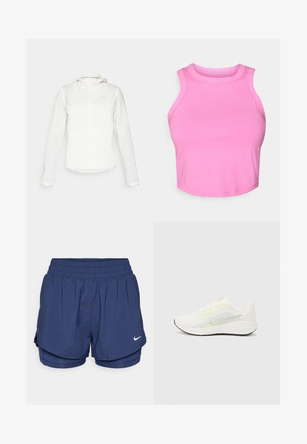 Hvid Nike-jakke med hætte, fuld lynlås, elastiske manchetter og et diskret logo på brystet. Glat tekstur og let design.; Pink crop top med høj hals og uden ærmer. Fremstillet af glat, strækbart stof uden synlige mønstre eller hardware.; Mørkeblå dobbeltlag sportsshorts med elastisk talje og hvid Nike swoosh-logo på fronten til højre.; Nike Performance DOWNSHIFTER 13 - Løbesko til landevejen - sail/silver-coloured photon dust/summit white/barely volt/black