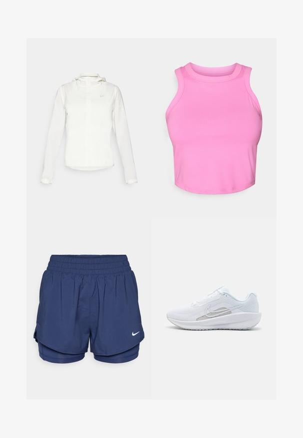 White Nike jacket with a hood, full zip, elastic cuffs, and a subtle logo on the chest. Smooth texture and lightweight design.; Pink crop top with a high neckline and sleeveless design. Made from smooth, stretchy fabric with no visible patterns or hardware.; Navy blue double-layer sports shorts with elastic waistband and white Nike swoosh logo on front right side.; White athletic shoe with mesh upper, rounded toe, and textured sole. Features a silver Nike swoosh and minimalistic design.
