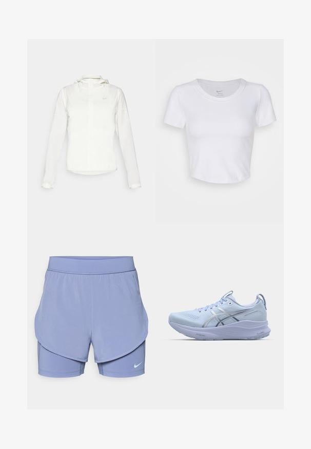 Bijela Nike jakna s kapuljačom, punim zatvaračem, elastičnim manžetama i suptilnim logotipom na prsima. Glatka textura i lagan dizajn.; Bijela, kratkotrajna majica s kratkim rukavima izrađena od glatkog sintetičkog materijala. Ima okrugli izrez i Nike logo unutar ovratnika.; Nike kratke hlače u svijetlo ljubičastoj boji, s slojevitim dizajnom koji uključuje unutarnju usku podstavu i vanjski slobodan kroj. Elastična gumica u struku za udobnost.; Svijetloplavi trkaći tenisice s mrežastim gornjim dijelom, reflektirajućim srebrnim detaljima, podstavljenim potplatom i teksturiranim gumenim gaznim slojem za bolje prianjanje.