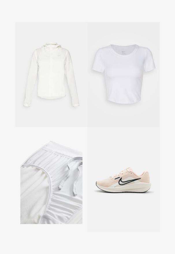 Hvit Nike-jakke med hette, hel glidelås, elastiske mansjetter og en diskret logo på brystet. Glatt tekstur og lett design.; Hvit, kortermet crop top laget av glatt, syntetisk materiale. Har rund halslinning og Nike-logo inni kragen.; Hvite treningse shorts med strukturert midjebånd, samlede side detaljer og flat snøring. Myk stoff med glatt overflate.; Nike Performance DOWNSHIFTER 13 - Løpesko for vei - guava ice, armory,navy sail