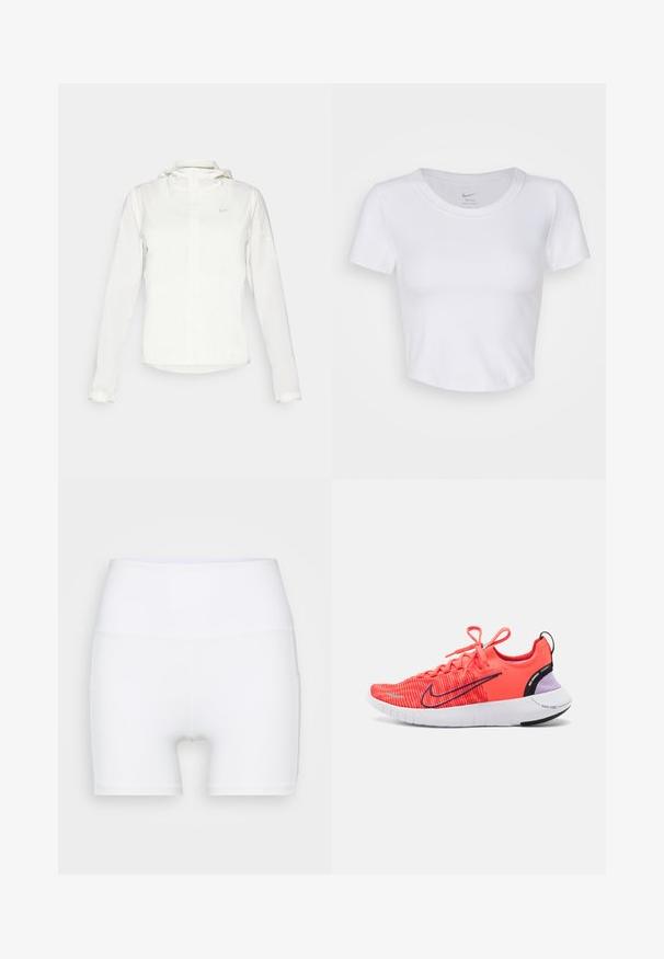 Hvit Nike-jakke med hette, hel glidelås, elastiske mansjetter og en diskret logo på brystet. Glatt tekstur og lett design.; Hvit, kortermet crop top laget av glatt, syntetisk materiale. Har rund halslinning og Nike-logo inni kragen.; Hvite høyt midjeforfatne shorts laget av stretch-stoff. Har en jevn tekstur og en tettsittende design, uten ekstra mønstre eller utstyr.; Lyse korallfarge løpesko med svarte og lilla detaljer, hvit såle, Nike swoosh-logo og knyttede lisser, sett fra siden mot en ensfarget bakgrunn.