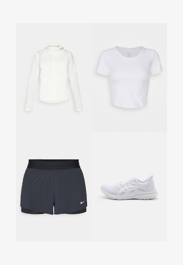 Veste blanche Nike avec capuche, fermeture éclair intégrale, poignets élastiques et un logo discret sur la poitrine. Texture lisse et design léger.; Crop top blanc à manches courtes en matériau synthétique lisse. Présente un col rond et un logo Nike à l'intérieur du col.; Shorts de sport noirs avec une taille élastique, dotés d'un design superposé et d'un petit logo Nike blanc en bas à gauche. Matière légère.; ASICS JOLT 4 - Chaussures de running sur route - white/pure silver