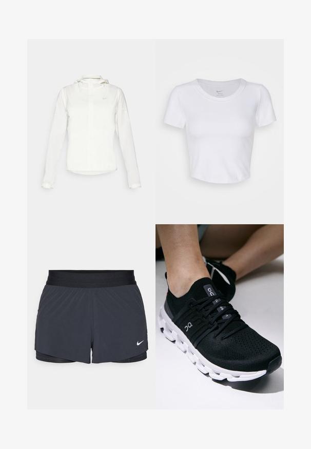 Weiße Nike-Jacke mit Kapuze, durchgehendem Reißverschluss, elastischen Bündchen und einem dezenten Logo auf der Brust. Glatte Textur und leichtes Design.; Weißes, kurzärmeliges Cropped-Top aus glattem, synthetischem Material. Hat einen runden Halsausschnitt und ein Nike-Logo im Kragen.; Schwarze Sportshorts mit elastischem Bund, ausgestattet mit einem geschichteten Design und einem kleinen weißen Nike-Logo unten links. Leichtes Material.; On CLOUDSWIFT - Laufschuh Straße - all black