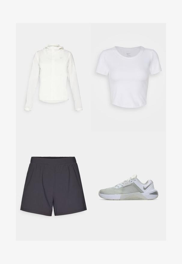 Jachetă albă Nike cu glugă, fermoar pe toată lungimea, manșete elastice și un logo subtil pe piept. Textură netedă și design ușor.; Top scurt alb, cu mâneci scurte, realizat dintr-un material sintetic neted. Are un decolteu rotund și logo-ul Nike pe interiorul gulerului.; Șorturi atletice negre, realizate dintr-un material ușor și elastic. Prezintă un waistband elastic și un design simplu, fără ornamente.; Pantofii sport albi și gri cu țesătură texturată, guler căptușit și talpă din cauciuc. Prezintă un logo pe lateral și detalii dimensionale pe partea superioară.