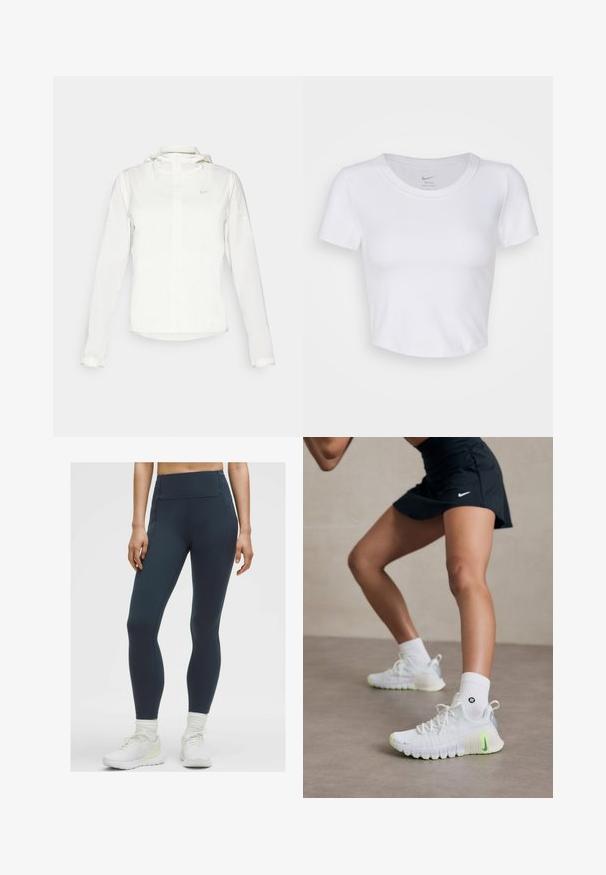 Witte Nike-jack met een capuchon, volledige rits, elastische manchetten en een subtiele logo op de borst. Gladde textuur en lichtgewicht ontwerp.; Witte, kortgemouwen crop top van glad, synthetisch materiaal. Heeft een ronde halslijn en het Nike-logo binnenin de kraag.; Hoge taille, donkerblauwe leggings van een rekbare, gladde stof met platte naden en zonder zichtbare zakken, gecombineerd met witte sportschoenen.; Witte sportieve schoenen met een gestructureerd oppervlak, neon-groene accenten en een prominent Nike-logo. Draag met witte enkelkousen.