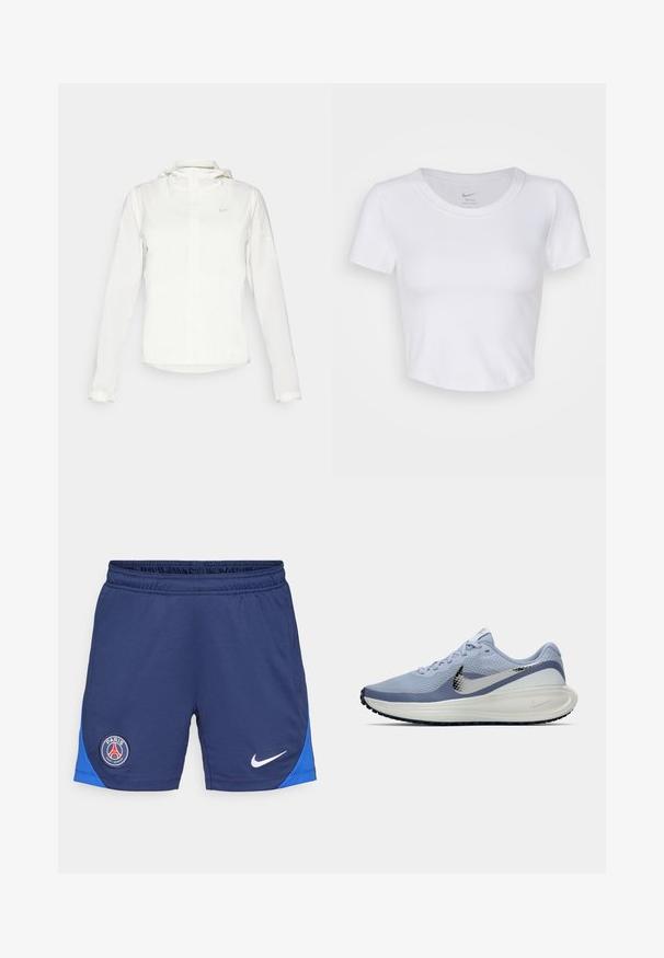 Vit Nike-jacka med huva, hel dragkedja, elastiska ärmslutar och en diskret logotyp på bröstet. Slät textur och lätt design.; Vit, kortärmad crop-top gjord av slät, syntetisk material. Har en rund necklinje och Nike-logga inuti kragen.; Mörkblå atletiska shorts med elastisk midja, sidopanel i blått, Nike-logotyp i vitt och en rund PSG-logotyp på vänster lår.; Ljusblå och vit Nike löparskor med silverfärgad swoosh, andningsbart meshövre, dämpad sula och svart yttersula.