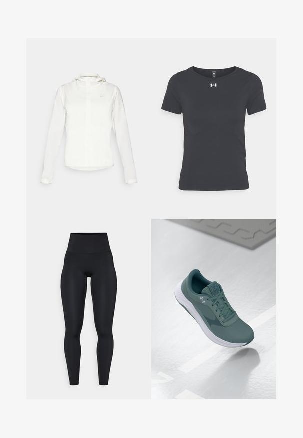 Hvit Nike-jakke med hette, hel glidelås, elastiske mansjetter og en diskret logo på brystet. Glatt tekstur og lett design.; Svart kortermet treningstrøye laget av lett materiale med rund hals og Under Armour-logo på brystet.; Svart hørsvidde leggings laget av elastisk materiale, med en glatt tekstur, tettsittende fasong og sidelommer.; Mørk teal Under Armour løpesko med hvit såle, vist svevende over en reflekterende overflate med snøringen bundet.