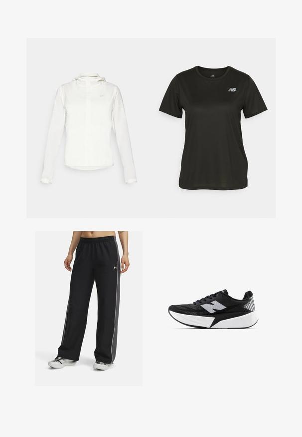 Hvid Nike-jakke med hætte, fuld lynlås, elastiske manchetter og et diskret logo på brystet. Glat tekstur og let design.; Sort kortærmet T-shirt lavet af glat stof, med rund halsudskæring og et reflekterende hvidt logo på venstre bryst.; Sorte træningsbukser med elastisk talje, kontrasterende grå sidepaneler, hvid piping og en løs pasform, lavet af et glat stof.; Sort og hvid New Balance løbesko med tyk sål, mesh-overdel og "N"-logo på siden, set fra ydersiden.