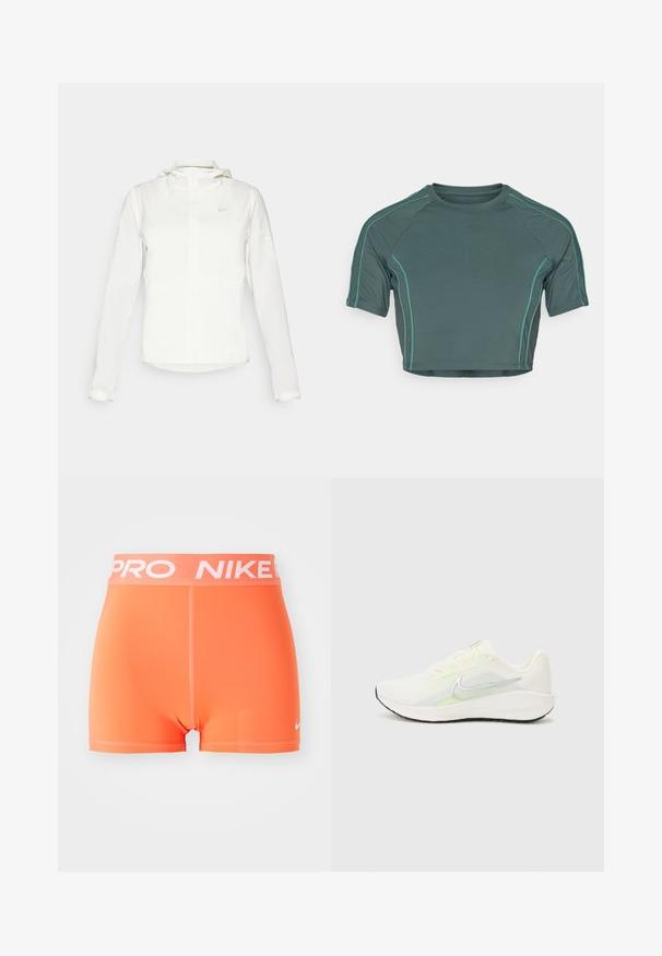 White Nike jacket with a hood, full zip, elastic cuffs, and a subtle logo on the chest. Smooth texture and lightweight design.; Crop top made of dark green fabric featuring short sleeves, contrast light green stitching, and a round neckline with a fitted design.; Nike Pro shorts in bright orange. Made from a smooth, stretchy material with a white logo and waistband lettering. Features a minimalist design.; Nike Performance DOWNSHIFTER 13 - Road running shoes - sail/silver-coloured photon dust/summit white/barely volt/black