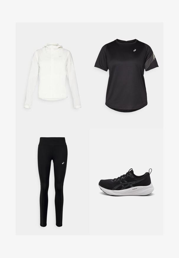 Giacca Nike bianca con cappuccio, zip completa, polsini elasticizzati e un logo discreto sul petto. Texture liscia e design leggero.; Maglietta sportiva nera, maniche corte, scollatura rotonda, con tessuto testurizzato e dettagli a pois sulla manica destra. Logo sul petto.; Leggings sportivi neri con un alto punto vita, texture liscia e dettagli riflettenti sui lati per una maggiore visibilità. Logo davanti.; Scarpa sportiva nera con una tomaia traspirante, materiale testurizzato, suola bianca a contrasto e dettagli riflettenti sui fianchi. Design leggero.