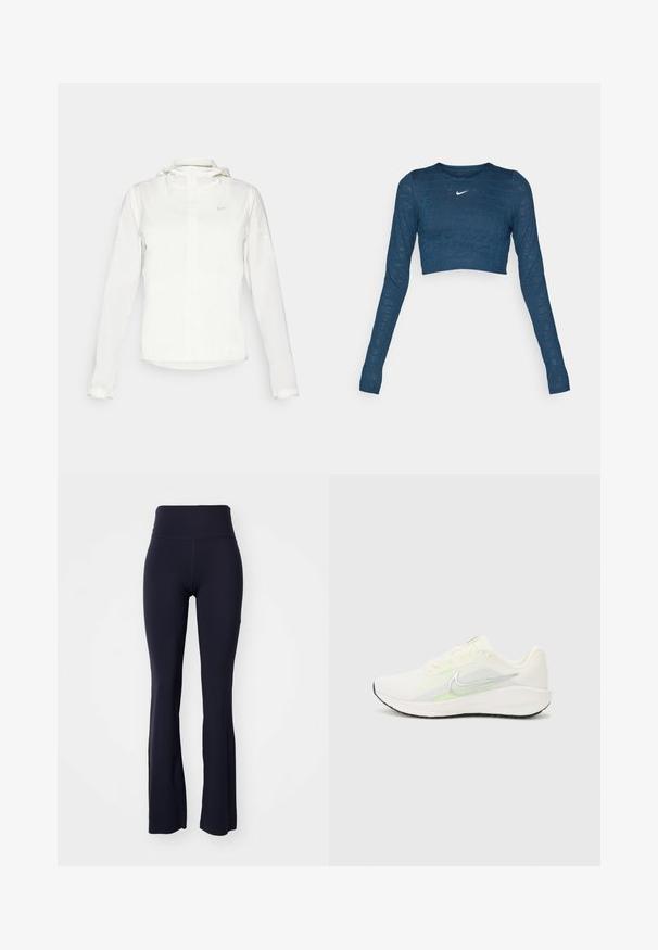 White Nike jacket with a hood, full zip, elastic cuffs, and a subtle logo on the chest. Smooth texture and lightweight design.; Blue, long-sleeve crop top with a round neckline, featuring a tonal Nike logo and repeating text pattern in a light relief.; Flared black leggings made of stretchy fabric with a high waistband. Smooth texture and fitted shape, suitable for active wear.; Nike Performance DOWNSHIFTER 13 - Road running shoes - sail/silver-coloured photon dust/summit white/barely volt/black