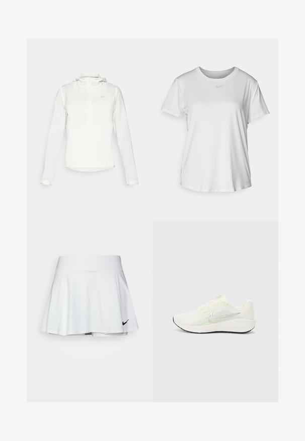Weiße Nike-Jacke mit Kapuze, durchgehendem Reißverschluss, elastischen Bündchen und einem dezenten Logo auf der Brust. Glatte Textur und leichtes Design.; Weißes T-Shirt mit kurzen Ärmeln aus glattem Stoff, Rundhalsausschnitt und einem kleinen grauen Nike-Logo auf der Brust.; Weißer Sportrock mit einem auslaufenden Design, elastischem Bund und integrierten Shorts. Besitzt ein kleines schwarzes Nike-Logo unten rechts.; Nike Performance DOWNSHIFTER 13 - Laufschuh Straße - sail/silver-coloured photon dust/summit white/barely volt/black