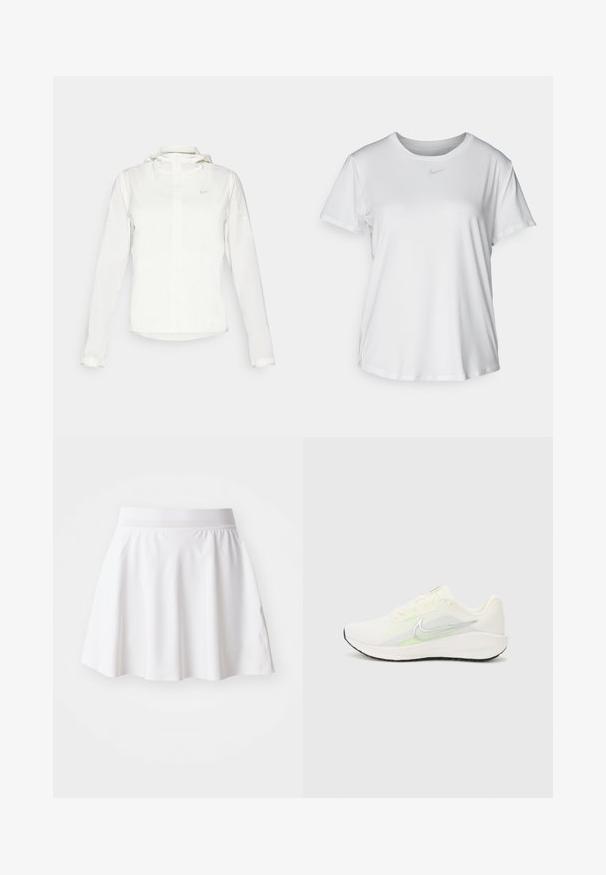 Fehér Nike dzseki kapucnival, teljes cipzárral, rugalmas mandzsettákkal és egy diszkrét logóval a mellkason. Sima textúrájú és könnyű kialakítású.; Fehér, rövid ujjú póló sima anyagból, kerek nyakkivágással és egy kis szürke Nike logóval a mellkason.; Fehér, lágy anyagból készült, bő szoknya, rugalmas derékkal és sima textúrával. Minimalista dizájn, minták és díszítőelemek nélkül.; Nike Performance DOWNSHIFTER 13 - Utcai futócipők - sail/silver-coloured photon dust/summit white/barely volt/black