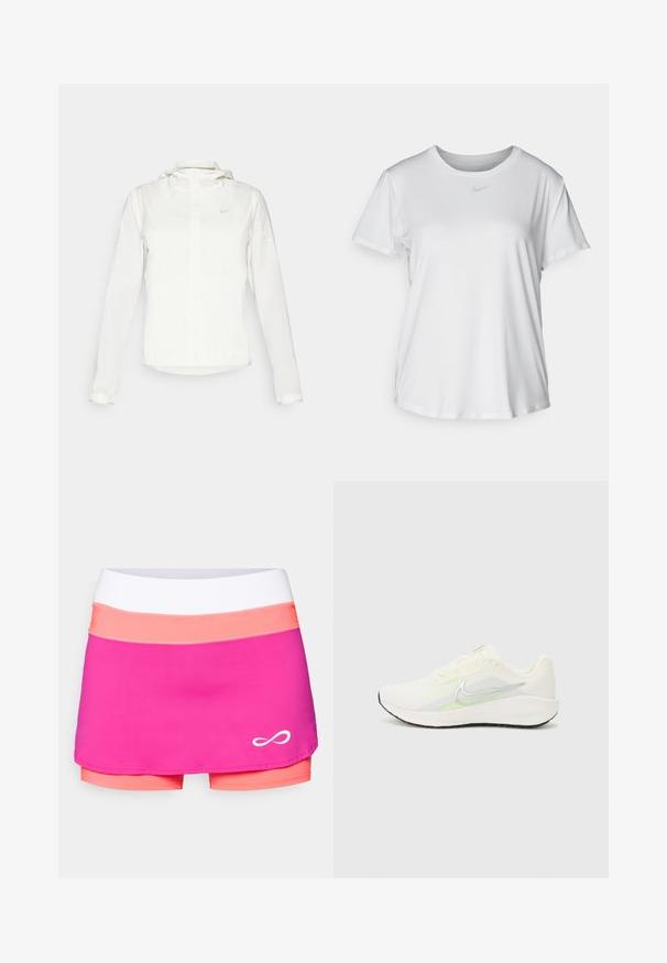 Chaqueta blanca de Nike con capucha, cremallera completa, puños elásticos y un logo sutil en el pecho. Textura suave y diseño ligero.; Camiseta blanca de manga corta hecha de tejido suave, con un escote redondo y un pequeño logo de Nike gris en el pecho.; Endless SKIRT RACE - Falda de deporte - deep fucsia; Nike Performance DOWNSHIFTER 13 - Zapatillas running asfalto - sail/silver-coloured photon dust/summit white/barely volt/black