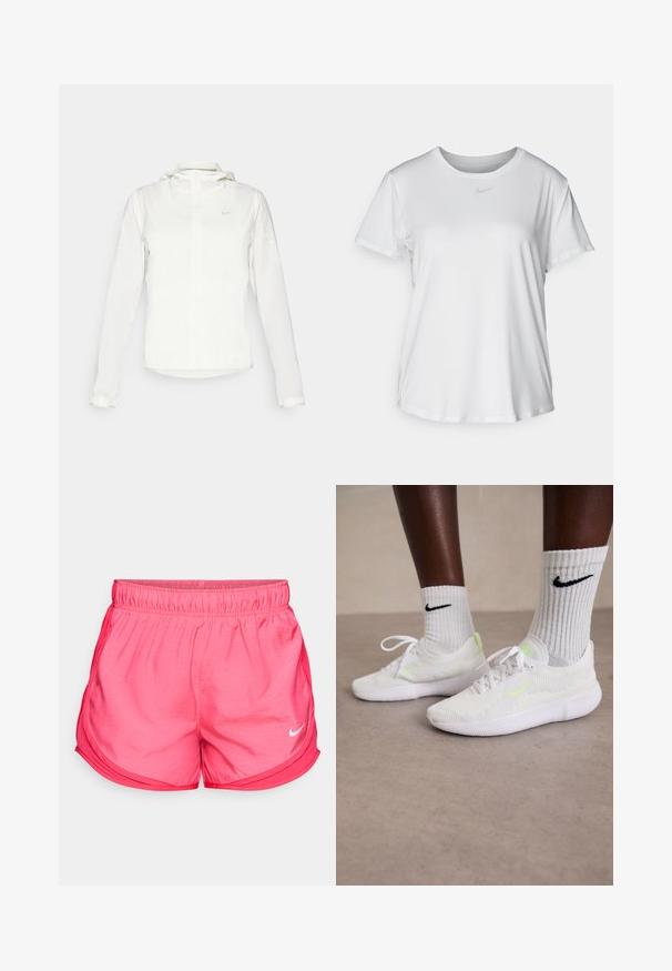Giacca Nike bianca con cappuccio, zip completa, polsini elasticizzati e un logo discreto sul petto. Texture liscia e design leggero.; T-shirt bianco a maniche corte realizzato in tessuto liscio, con scollatura tonda e un piccolo logo grigio Nike sul petto.; Pantaloni sportivi rosa con elastico in vita, con un logo Nike bianco in basso a sinistra e un design a orlo curvo.; Sneaker Nike bianche con upper in mesh testurizzato e accenti verde neon, abbinate a calze bianche a coste con un logo nero.