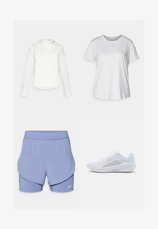 Bela Nike jakna s kapuco, polno zadrgo, elastičnimi manšetami in diskretnim logotipom na prsih. Gladka tekstura in lahko oblikovanje.; Bela kratka majica s kratkimi rokavi, izdelana iz gladkega blaga, z okroglim izrezom in majhnim sivim logotipom Nike na prsih.; Nike kratke hlače v svetlo vijolični barvi, z večplastnim dizajnom, ki vključuje notranji prilegajoči se podlogi in zunanjim ohlapnim krojem. Elastičen pas za udobje.; Bela športna čevlja z mrežastim zgornjim delom, zaobljenim nosom in teksturiranim podplatom. Ima srebrni Nike znak in minimalističen dizajn.