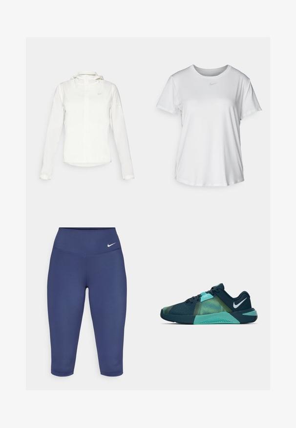 Hvit Nike-jakke med hette, hel glidelås, elastiske mansjetter og en diskret logo på brystet. Glatt tekstur og lett design.; Hvit kortermet T-skjorte laget av glatt stoff, med rund halsringning og en liten grå Nike-logo på brystet.; Marineblå capri leggings laget av elastisk stoff, med bredt liv og en liten hvit logo på venstre side. Ingen synlige sømmer.; Marineblå og aqua atletikk-sko med en teksturert mesh-overdel, med et grønt gradientmønster og en dempet såle. Nike swoosh-logo på hælen.