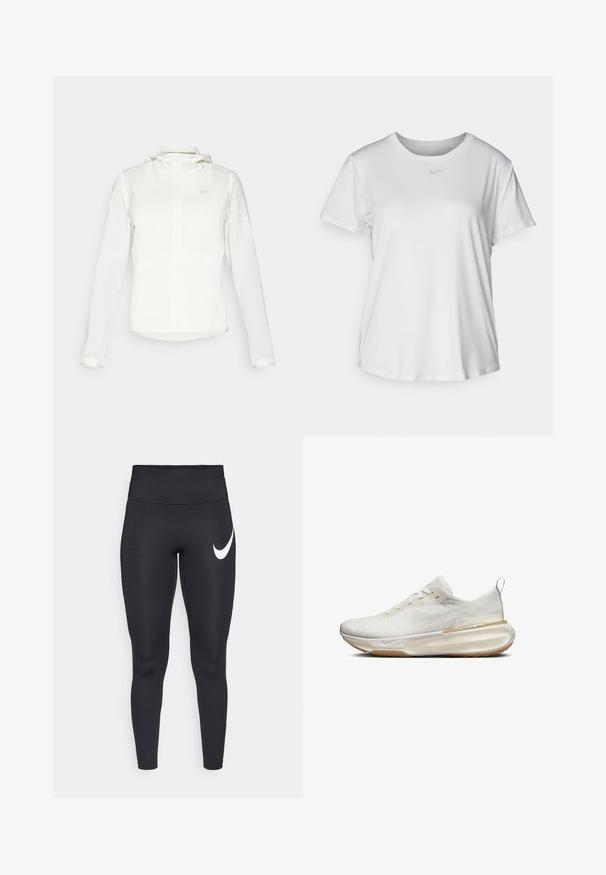 Veste blanche Nike avec capuche, fermeture éclair intégrale, poignets élastiques et un logo discret sur la poitrine. Texture lisse et design léger.; T-shirt blanc à manches courtes en tissu lisse, avec un col rond et un petit logo Nike gris sur la poitrine.; Leggings de sport taille haute noirs avec un logo swoosh blanc de Nike sur la cuisse supérieure gauche, sur un fond blanc.; Sneaker de sport blanche avec une tige texturée, bout rond et semelle rembourrée. Présente un accent doré et une languette au talon.