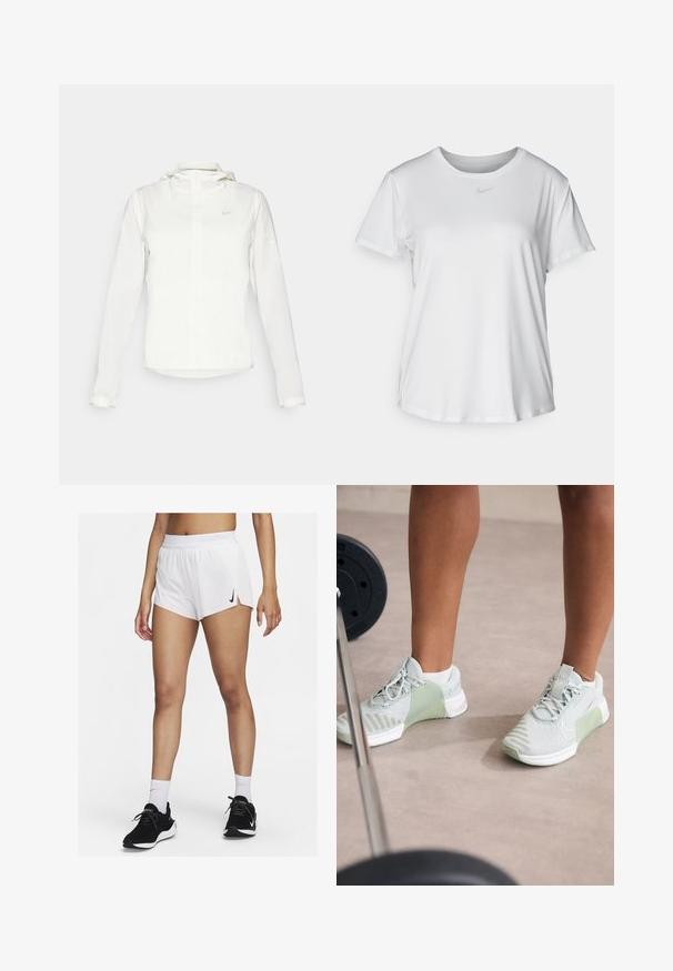 Giacca Nike bianca con cappuccio, zip completa, polsini elasticizzati e un logo discreto sul petto. Texture liscia e design leggero.; T-shirt bianco a maniche corte realizzato in tessuto liscio, con scollatura tonda e un piccolo logo grigio Nike sul petto.; Pantaloncini sportivi bianchi con vita a coste, spacchi laterali e logo Nike nero. Indossati con scarpe da ginnastica nere e calzini bianchi alti.; Nike Performance METCON 9 - Scarpe da allenamento - light silver/metallic silver/summit white/jade horizon