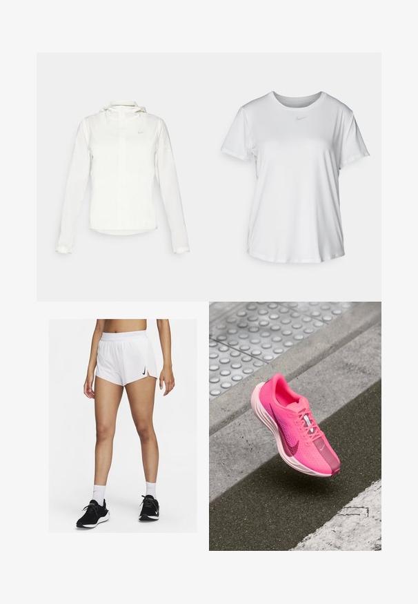 Witte Nike-jack met een capuchon, volledige rits, elastische manchetten en een subtiele logo op de borst. Gladde textuur en lichtgewicht ontwerp.; Witte T-shirt met korte mouwen van gladde stof, met een ronde halslijn en een klein grijs Nike-logo op de borst.; Witte sportshorts met een geribbelde tailleband, zijsplitten en een zwarte Nike-logo. Draag ze met zwarte sneakers en witte kousen tot aan de kuit.; Nike sportieve schoen in helder roze met een bovenwerk van mesh, een gevoerd kraagje, een witte middenzool en een contrasterende donkerdere roze neuskap en swoosh-detail.