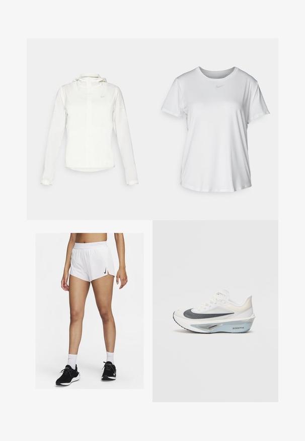 Chaqueta blanca de Nike con capucha, cremallera completa, puños elásticos y un logo sutil en el pecho. Textura suave y diseño ligero.; Camiseta blanca de manga corta hecha de tejido suave, con un escote redondo y un pequeño logo de Nike gris en el pecho.; Pantalones cortos deportivos blancos con cinturilla acanalada, aberturas laterales y un logo negro de Nike. Se llevan con zapatillas negras y calcetines blancos hasta la mitad de la pantorrilla.; Zapatilla de running blanca con parte superior de malla transpirable, acentos azules y un diseño de entresuela distintivo que presenta un sistema de amortiguación visible.