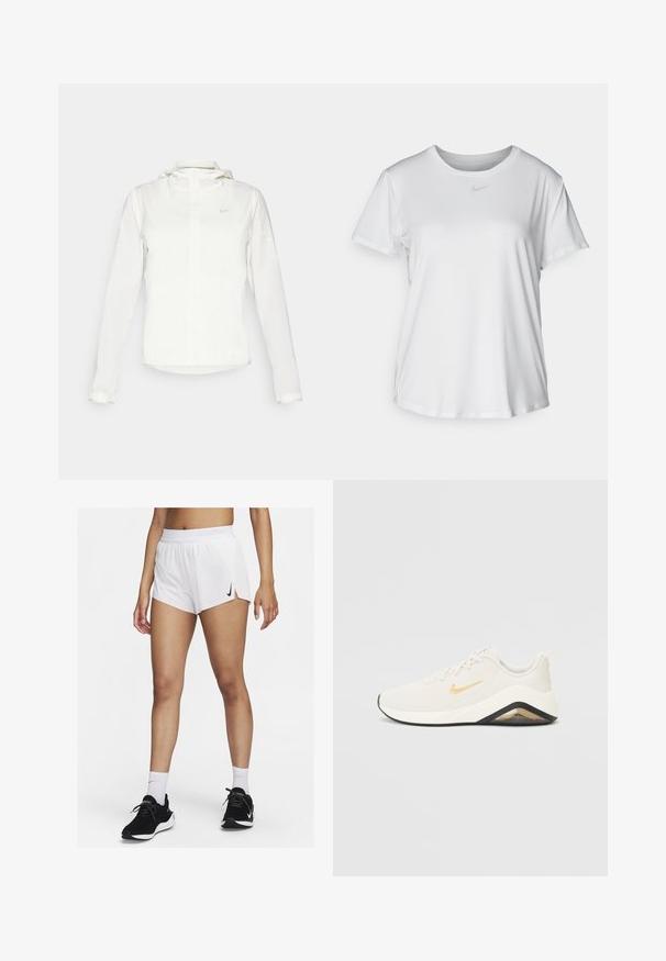 Vit Nike-jacka med huva, hel dragkedja, elastiska ärmslutar och en diskret logotyp på bröstet. Slät textur och lätt design.; Vit T-shirt med kort ärm tillverkad av slätt material, med rund halsringning och en liten grå Nike-logotyp på bröstet.; Vita sportshorts med ribbad midjeresår, sidospjäll och en svart Nike-logotyp. Bärs med svarta sneakers och vita strumpor i crew-längd.; Nike-sneakers med en vit och guld design, har en texturerad ovandel, dämpad häl, svart sula och en framträdande logotyp.