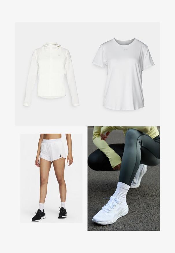 Giacca Nike bianca con cappuccio, zip completa, polsini elasticizzati e un logo discreto sul petto. Texture liscia e design leggero.; T-shirt bianco a maniche corte realizzato in tessuto liscio, con scollatura tonda e un piccolo logo grigio Nike sul petto.; Pantaloncini sportivi bianchi con vita a coste, spacchi laterali e logo Nike nero. Indossati con scarpe da ginnastica nere e calzini bianchi alti.; Scarpe da ginnastica bianche con tomaia in rete, lacci piatti e suola ammortizzata, abbinate a leggings verde scuro e una maglietta a maniche lunghe gialla chiara.