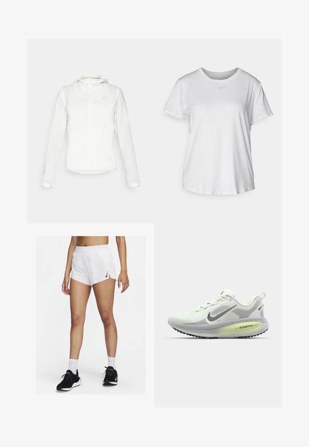 Witte Nike-jack met een capuchon, volledige rits, elastische manchetten en een subtiele logo op de borst. Gladde textuur en lichtgewicht ontwerp.; Witte T-shirt met korte mouwen van gladde stof, met een ronde halslijn en een klein grijs Nike-logo op de borst.; Witte sportshorts met een geribbelde tailleband, zijsplitten en een zwarte Nike-logo. Draag ze met zwarte sneakers en witte kousen tot aan de kuit.; Nike Performance VOMERO 18 - Hardloopschoenen voor op de weg - summit white/black/barely volt/light silver/metallic silver