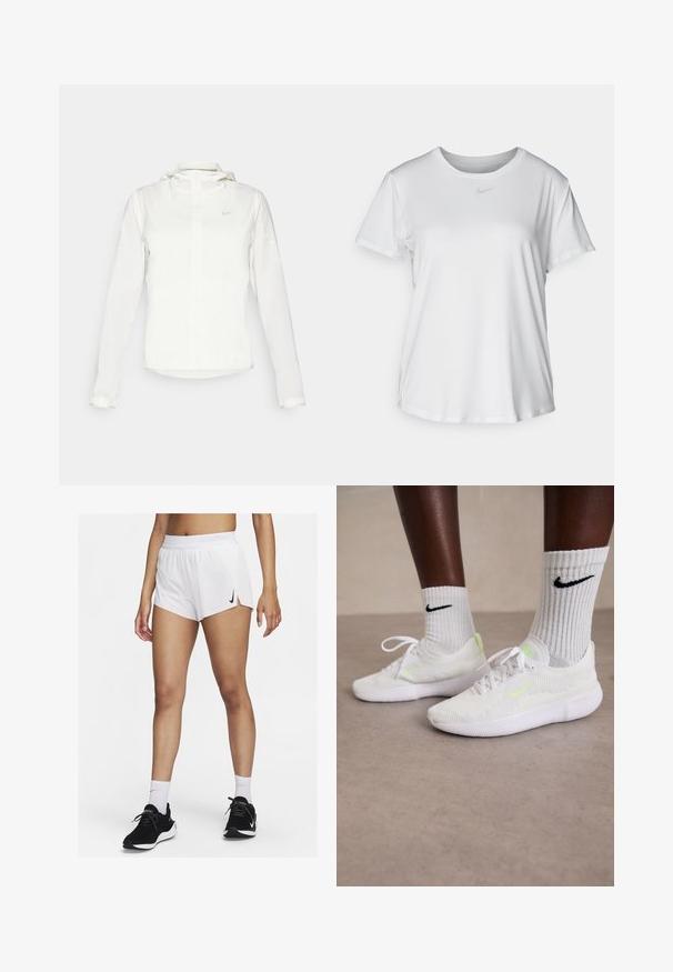 Vit Nike-jacka med huva, hel dragkedja, elastiska ärmslutar och en diskret logotyp på bröstet. Slät textur och lätt design.; Vit T-shirt med kort ärm tillverkad av slätt material, med rund halsringning och en liten grå Nike-logotyp på bröstet.; Vita sportshorts med ribbad midjeresår, sidospjäll och en svart Nike-logotyp. Bärs med svarta sneakers och vita strumpor i crew-längd.; Vita Nike-sneakers med texturerad mesh-övre och neongröna accenter, i kombination med ribbade vita strumpor med en svart logotyp.