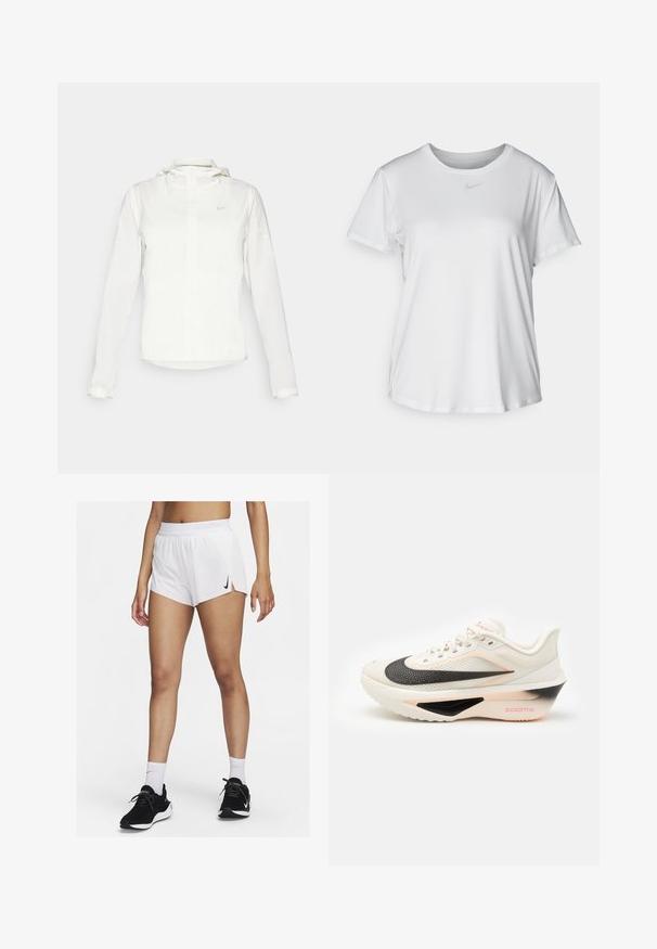 Valkoinen Nike-takki hupulla, täyspitkällä vetoketjulla, joustavilla hihansuilla ja hillityllä logolla rinnassa. Sujuva pinta ja kevyt muotoilu.; Valkoinen lyhythihainen T-paita, joka on valmistettu sileästä kankaasta. Paidoissa on pyöreä kaula-aukko ja rintaan on painettu pieni harmaa Nike-logo.; Valkoiset urheilushortsit, joissa on resorivyötärö, sivuhaarat ja musta Nike-logo. Yhdistetty mustiin tennareihin ja valkoisiin polvisukkiin.; Valkoiset urheilukengät mustalla ja vaaleanpunaisella välipohjalla, tekstuurilla varustettu yläosa ja näkyvä Nike-merkki, jossa on nauhat ja pehmustettu nilkka.