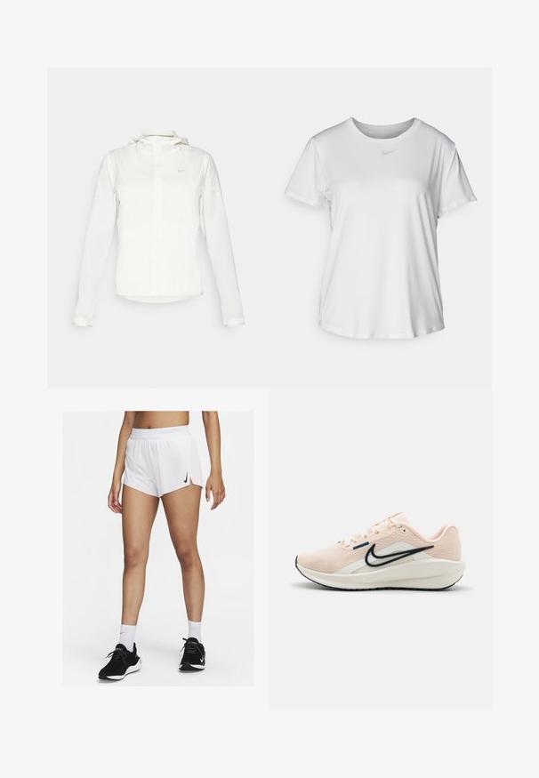 White Nike jacket with a hood, full zip, elastic cuffs, and a subtle logo on the chest. Smooth texture and lightweight design.; White short-sleeve T-shirt made of smooth fabric, featuring a round neckline and a small grey Nike logo on the chest.; White athletic shorts with a ribbed waistband, side slits, and a black Nike logo. Worn with black sneakers and white crew socks.; Nike Performance DOWNSHIFTER 13 - Road running shoes - guava ice, armory,navy sail