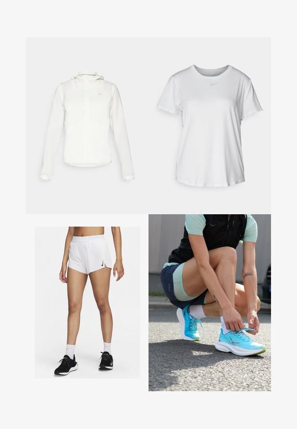 Bijela Nike jakna s kapuljačom, punim zatvaračem, elastičnim manžetama i suptilnim logotipom na prsima. Glatka textura i lagan dizajn.; Bijela majica kratkih rukava od glatkog materijala, s okruglim izrezom i malim sivim Nike logom na prsima.; Bijele sportske kratke hlače s rebrastim pojasom, bočnim prorezima i crnim logotipom Nike. Nošene s crnim tenisicama i bijelim čarapama do sredine lista.; Lagane tirkizne tenisice za trčanje s teksturiranim mrežastim gornjim dijelom, bijelim potplatima i zelenim detaljima, koje veže osoba na pločniku.