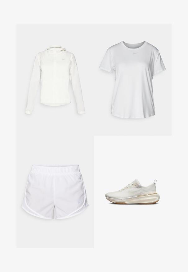 Valge Nike jakker, millel on kapuuts, täispikk tõmblukk, elastsed mansetid ja diskreetne logo rinnal. Sile tekstuur ja kerge disain.; Valge lühikeste varrukatega T-särk, mis on valmistatud siledast kangast, ümarate kaelustega ning mille rinnal on väike hall Nike logo.; Valged spordilühikesed püksid, mis on valmistatud kergest ja hingavast kangast. Omavad elastset vöökohta ja võrkpaneele külgedel, millel on väike sinine logo aktsent.; Valge sportlik tennis, millel on tekstureeritud ülemine osa, ümar varvas ja pehmendusega tallad. Omab kuldset aktsenti ja vedru silmust kannal.