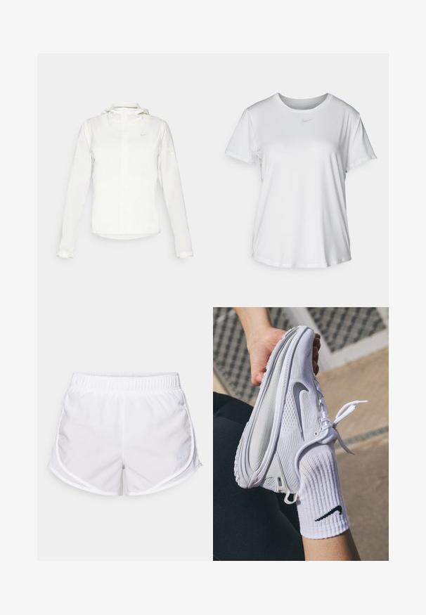 Veste blanche Nike avec capuche, fermeture éclair intégrale, poignets élastiques et un logo discret sur la poitrine. Texture lisse et design léger.; T-shirt blanc à manches courtes en tissu lisse, avec un col rond et un petit logo Nike gris sur la poitrine.; Shorts de sport blancs fabriqués en tissu léger et respirant. Équipés d'une taille élastique et de panneaux latéraux en maille, avec un petit accent de logo bleu.; Chaussure de sport blanche avec un design texturé et un logo Nike gris, tenue au-dessus d'une chaussette blanche. La chaussure présente une semelle flexible et des lacets.