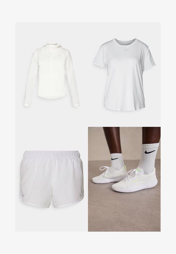 Valkoinen Nike-takki hupulla, täyspitkällä vetoketjulla, joustavilla hihansuilla ja hillityllä logolla rinnassa. Sujuva pinta ja kevyt muotoilu.; Valkoinen lyhythihainen T-paita, joka on valmistettu sileästä kankaasta. Paidoissa on pyöreä kaula-aukko ja rintaan on painettu pieni harmaa Nike-logo.; Nike Performance FAST TEMPO SHORT - Urheilushortsit - white/silver; Valkoiset Nike-tennarit, joissa on teksturoitu verkkomateriaali ja neonvihreät yksityiskohdat, yhdistettyinä ribbikuvioisiin valkoisiin sukkiin, joissa on musta logo.