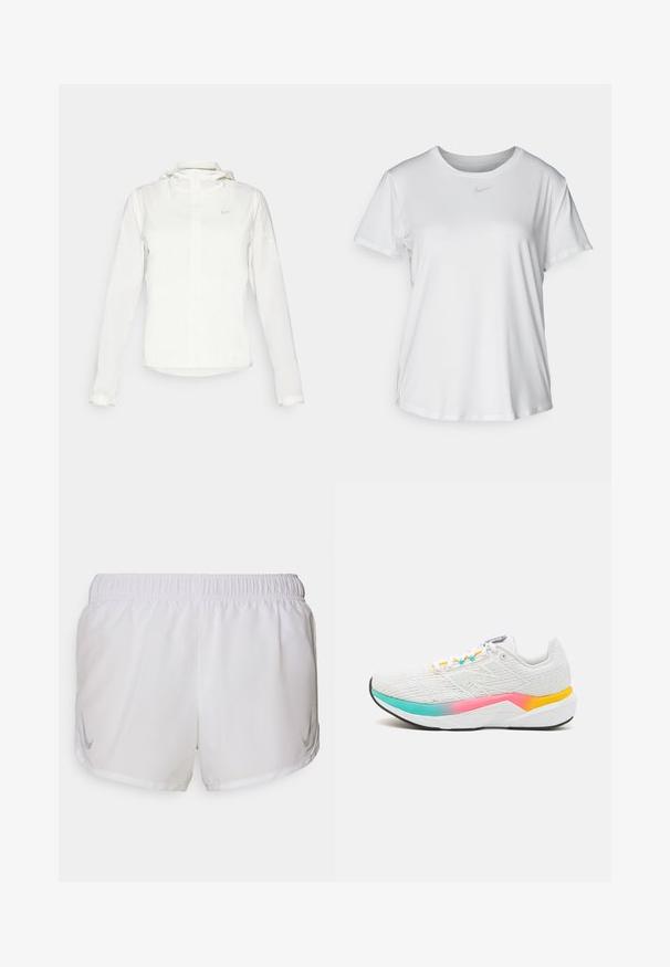 Hvit Nike-jakke med hette, hel glidelås, elastiske mansjetter og en diskret logo på brystet. Glatt tekstur og lett design.; Hvit kortermet T-skjorte laget av glatt stoff, med rund halsringning og en liten grå Nike-logo på brystet.; Nike Performance FAST TEMPO SHORT - Sports shorts - white/silver; Hvitt treninger med teksturert stoff, fargerike gradientdetaljer i rosa, turkis og gul, og en støttende såle.