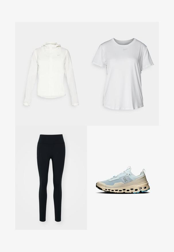 Witte Nike-jack met een capuchon, volledige rits, elastische manchetten en een subtiele logo op de borst. Gladde textuur en lichtgewicht ontwerp.; Witte T-shirt met korte mouwen van gladde stof, met een ronde halslijn en een klein grijs Nike-logo op de borst.; Zwarte leggings van rekbaar materiaal met een hoge tailleband. Soepele textuur, slim fit ontwerp en geen zichtbare versieringen of patronen.; Lichtblauwe mesh hardloopschoen met beige accenten, textuurafwerking, opvallende uitsparingen in de tussenzool en contrasterende zwarte buitenzool.