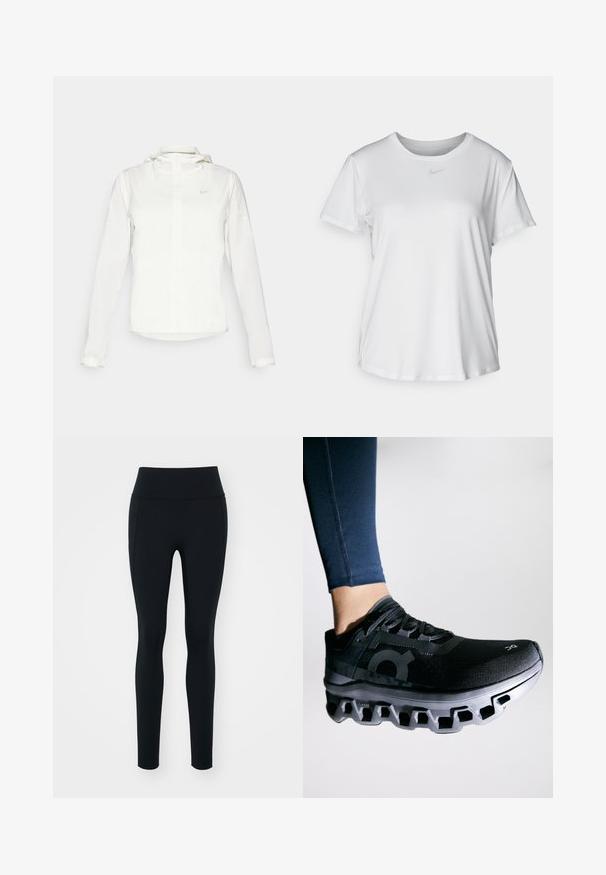 Giacca Nike bianca con cappuccio, zip completa, polsini elasticizzati e un logo discreto sul petto. Texture liscia e design leggero.; T-shirt bianco a maniche corte realizzato in tessuto liscio, con scollatura tonda e un piccolo logo grigio Nike sul petto.; Leggings neri realizzati in materiale elastico con una vita alta. Texture liscia, design aderente e senza decorazioni o motivi visibili.; Scarpa da corsa nera con tomaia testurizzata e una suola intermedia distintiva caratterizzata da un design segmentato unico. Accentata con un logo di lato.