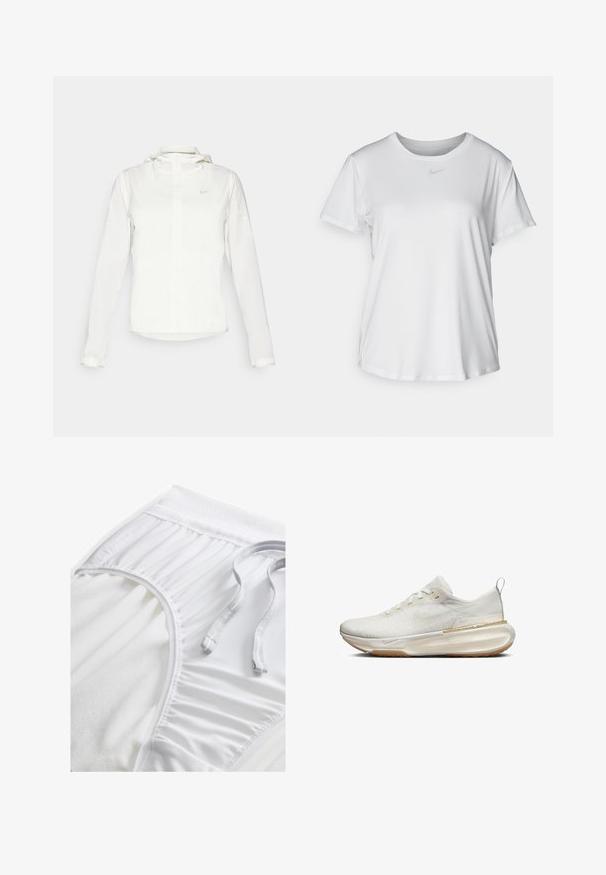 Valge Nike jakker, millel on kapuuts, täispikk tõmblukk, elastsed mansetid ja diskreetne logo rinnal. Sile tekstuur ja kerge disain.; Valge lühikeste varrukatega T-särk, mis on valmistatud siledast kangast, ümarate kaelustega ning mille rinnal on väike hall Nike logo.; Valged sportlikud lühikesed püksid tekstureeritud vööosaga, kogutud külgedetailidega ja lameda tõmblukuga. Pehme kangas siledast viimistlusest.; Valge sportlik tennis, millel on tekstureeritud ülemine osa, ümar varvas ja pehmendusega tallad. Omab kuldset aktsenti ja vedru silmust kannal.