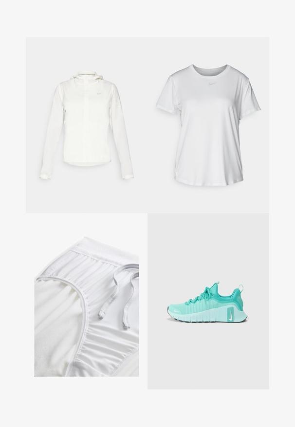 Witte Nike-jack met een capuchon, volledige rits, elastische manchetten en een subtiele logo op de borst. Gladde textuur en lichtgewicht ontwerp.; Witte T-shirt met korte mouwen van gladde stof, met een ronde halslijn en een klein grijs Nike-logo op de borst.; Witte sportshorts met een gestructureerde tailleband, geplooide zijkanten en een platte trekkoord. Zachte stof met een gladde afwerking.; Teal Nike hardloopschoenen met witte zolen, gedragen met witte Nike crew sokken, terwijl een zwarte gymbal wordt vastgehouden op een grijze vloer.
