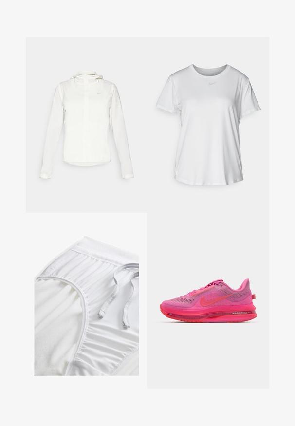 Bela Nike jakna s kapuco, polno zadrgo, elastičnimi manšetami in diskretnim logotipom na prsih. Gladka tekstura in lahko oblikovanje.; Bela kratka majica s kratkimi rokavi, izdelana iz gladkega blaga, z okroglim izrezom in majhnim sivim logotipom Nike na prsih.; Bele atletske kratke hlače z teksturiranim pasom, nabranimi stranskimi detajli in ravnim vrvico. Mehka tkanina z gladko površino.; Nike teka za tek features a mesh zgornji del v živi roza barvi z gradientnimi detajli, vidna zračna enota in teksturiran podplat za oprijem.