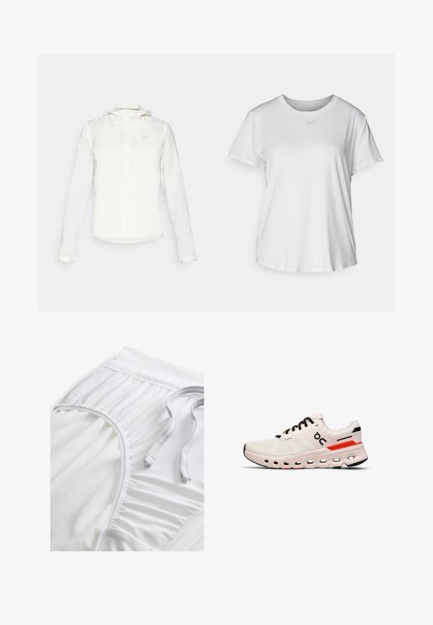 Bijela Nike jakna s kapuljačom, punim zatvaračem, elastičnim manžetama i suptilnim logotipom na prsima. Glatka textura i lagan dizajn.; Bijela majica kratkih rukava od glatkog materijala, s okruglim izrezom i malim sivim Nike logom na prsima.; Bijele atletske kratke hlače s teksturiranim pojasom, nabranim bočnim detaljima i ravnim vezicom. Mekani materijal s glatkom završnom obradom.; On CLOUDRUNNER 2 - Tenisice za cestovno trčanje - undyed sand