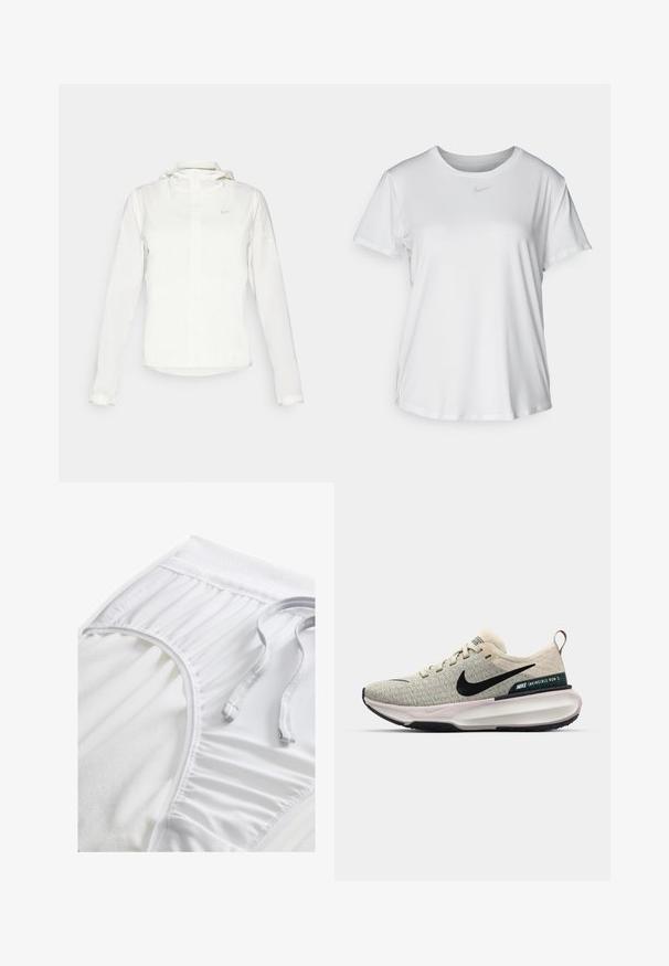 Jachetă albă Nike cu glugă, fermoar pe toată lungimea, manșete elastice și un logo subtil pe piept. Textură netedă și design ușor.; Tricou alb cu mânecă scurtă, confecționat dintr-un material neted, având guler rotund și un mic logo Nike gri pe piept.; Shorts albi de sport cu un tiv texturat, detalii laterale pliate și un șnur plat. Material moale cu un finisaj neted.; Pantofii sport tricotati de culoare gri deschis, cu un logo Swoosh negru, accente crem, guler căptușit și o talpă intermediară groasă de culoare albă pentru amortizare.