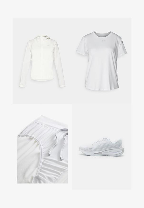 Chaqueta blanca de Nike con capucha, cremallera completa, puños elásticos y un logo sutil en el pecho. Textura suave y diseño ligero.; Camiseta blanca de manga corta hecha de tejido suave, con un escote redondo y un pequeño logo de Nike gris en el pecho.; Pantalones cortos deportivos blancos con una cinta de cintura texturizada, detalles fruncidos en los laterales y un cordón plano. Tejido suave con un acabado liso.; Nike Performance JOURNEY RUN - Zapatillas running asfalto - white/pure platinum/metallic silver