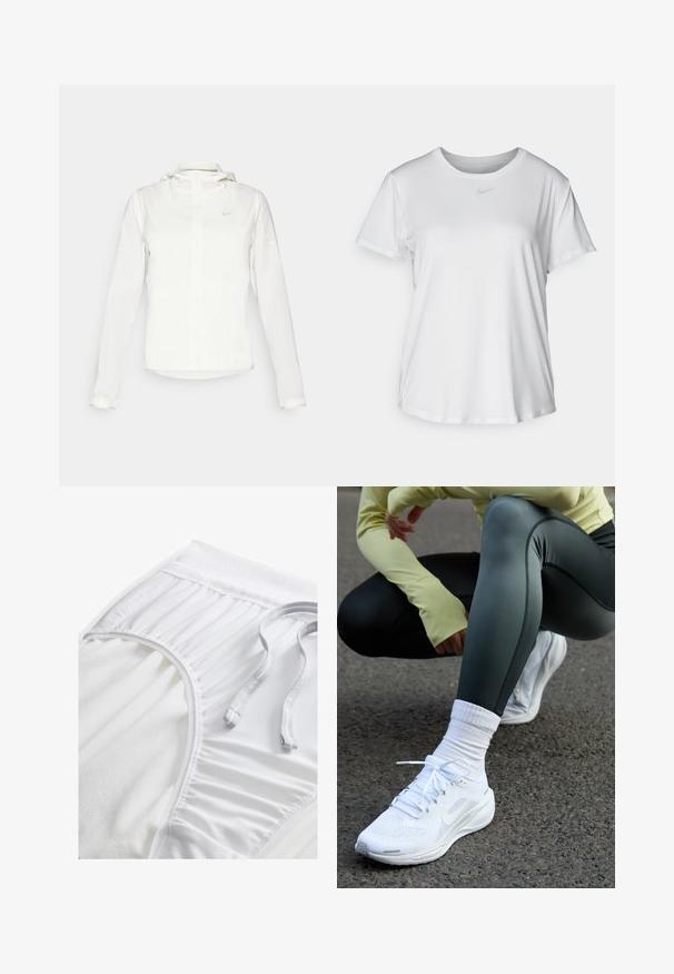 Bílá bunda Nike s kapucí, plným zipem, elastickými manžetami a decentním logem na hrudi. Hladká textura a lehký design.; Bílý krátký rukáv tričko z hladké tkaniny, s kulatým výstřihem a malým šedým logem Nike na hrudi.; Bílé sportovní šortky s texturovaným pasem, na bocích s nabíranými detaily a plochou šňůrkou. Měkká látka s hladkým povrchem.; Bílé sportovní boty s síťovaným svrškem, plochými tkaničkami a polstrovanou podrážkou, v kombinaci s tmavě zelenými legínami a světle žlutým topem s dlouhým rukávem.