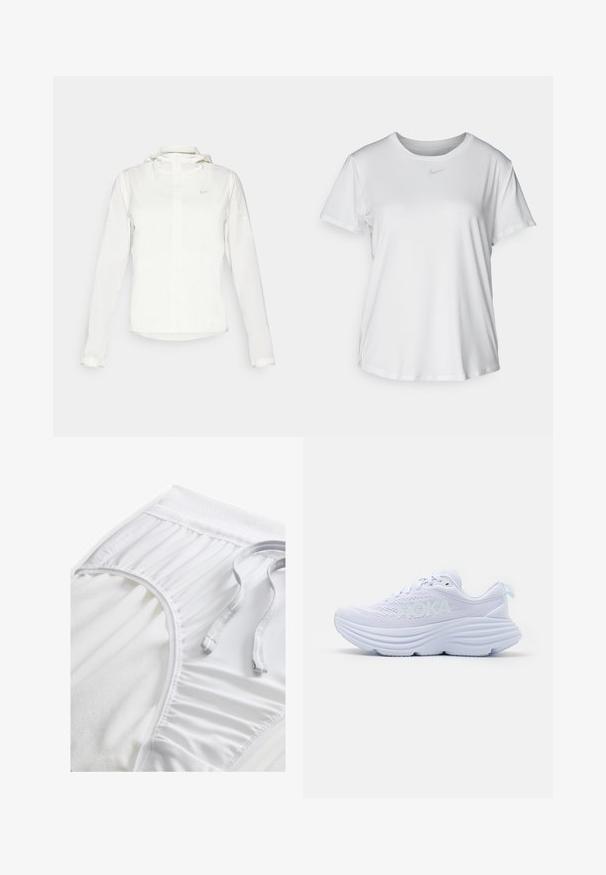 Weiße Nike-Jacke mit Kapuze, durchgehendem Reißverschluss, elastischen Bündchen und einem dezenten Logo auf der Brust. Glatte Textur und leichtes Design.; Weißes T-Shirt mit kurzen Ärmeln aus glattem Stoff, Rundhalsausschnitt und einem kleinen grauen Nike-Logo auf der Brust.; Weiße Sportshorts mit einem strukturierten Taillenbund, gerafften Seitendetails und einem flachen Kordelzug. Weicher Stoff mit glatter Oberfläche.; Weißer Laufschuh mit strukturiertem Obermaterial, markantem HOKA-Logo, dicker gepolsterter Sohle mit wellenförmigen Linien und einem Zugtab an der Ferse.