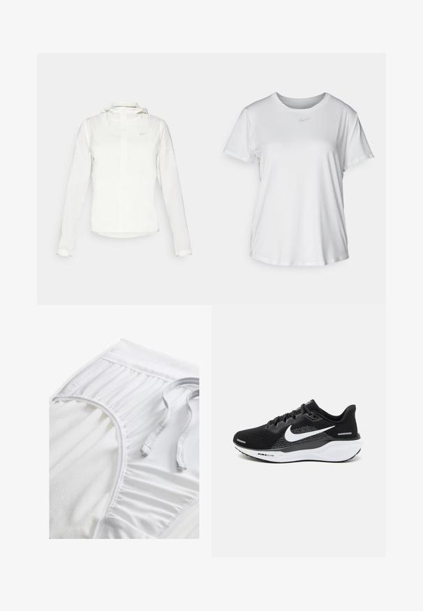 Fehér Nike dzseki kapucnival, teljes cipzárral, rugalmas mandzsettákkal és egy diszkrét logóval a mellkason. Sima textúrájú és könnyű kialakítású.; Fehér, rövid ujjú póló sima anyagból, kerek nyakkivágással és egy kis szürke Nike logóval a mellkason.; Fehér sportnadrág texturált derékpánttal, ráncolt oldali részletekkel és lapos húzózsinórral. Puha anyag sima felülettel.; Fekete sportcipő, amely hálós felsőrésszel, fehér Nike logóval és fehér párnázott talppal rendelkezik, amely texturált részletekkel van ellátva.