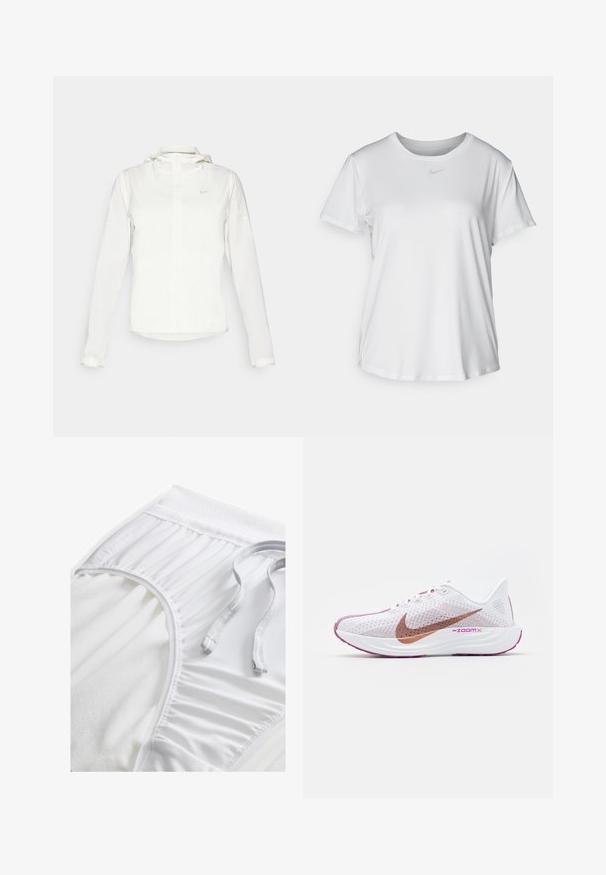 Giacca Nike bianca con cappuccio, zip completa, polsini elasticizzati e un logo discreto sul petto. Texture liscia e design leggero.; T-shirt bianco a maniche corte realizzato in tessuto liscio, con scollatura tonda e un piccolo logo grigio Nike sul petto.; Pantaloni sportivi bianchi con una vita testurizzata, dettagli arricciati sui lati e un cordino piatto. Tessuto morbido con finitura liscia.; Nike Performance PEGASUS PLUS - Scarpe da corsa su strada - white/metallic red bronze/platinum violet/plum dust/hot fuchsia