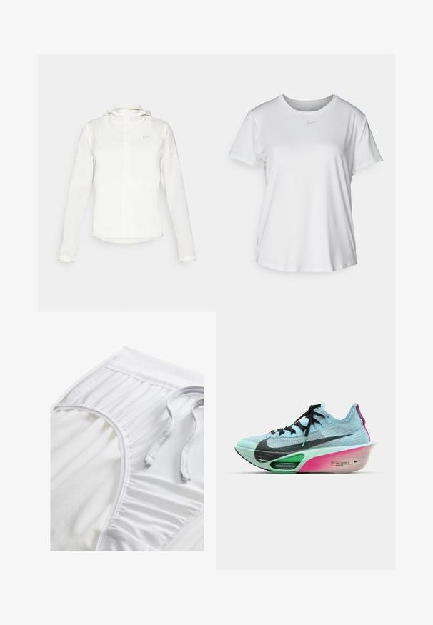 Biela Nike bunda s kapucňou, plným zipsom, elastickými manžetami a jemným logom na hrudi. Hladká textúra a ľahký dizajn.; Biela krátkosrstá tričko s hladkým materiálom, so zaobleným výstrihom a malým šedým logom Nike na hrudi.; Biele atletické šortky s textúrovaným pásom, zbernými bočnými detailmi a plochou šnúrkou. Mäkká tkanina s hladkým povrchom.; Bežecká obuv Nike s hornou časťou z ľahkej modrej pleteniny, čiernymi akcentmi, zelenou AIR ZOOM medzipodrážkou a ružovo-bielou gradientnou podrážkou.